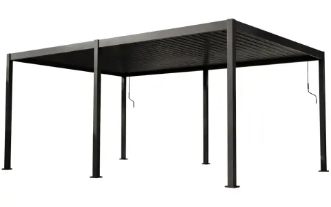 Nowoczesna, ciemnoszara pergola z metalu, z zadaszeniem z lameli.
