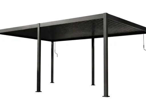 Nowoczesna, ciemnoszara pergola z metalu, z zadaszeniem z lameli.