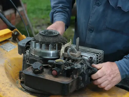 Ręce majsterkowicza przy silniku kosiarki Briggs & Stratton.