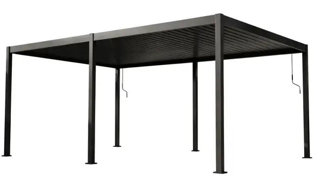 Nowoczesna, ciemnoszara pergola z metalu, z zadaszeniem z lameli.