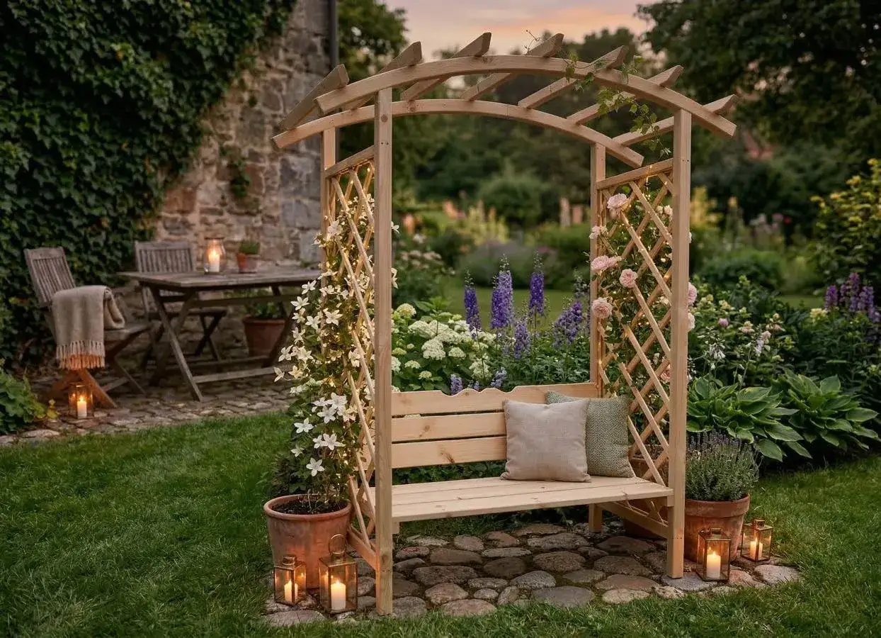 Urocza pergola z ławką w ogrodzie, idealna na romantyczne wieczory. Dowiedz się, jak zrobić pergolę, by stworzyć podobne miejsce.